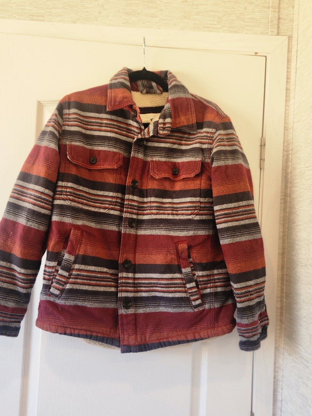 American Eagle Men's Striped Sherpa-Lined Field Jacket L Euc